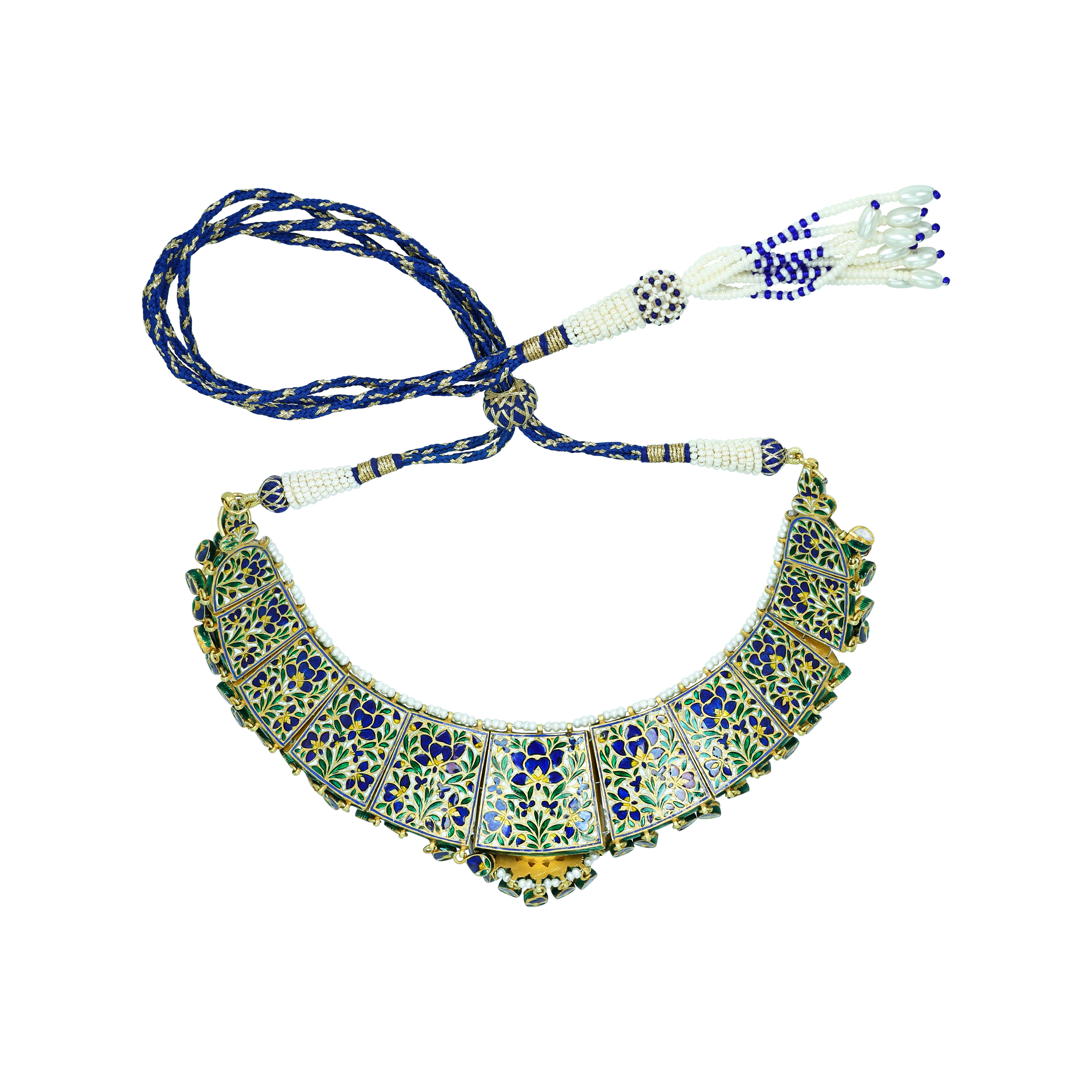 Polki Choker with Blue Enamel, Floral Motifs, and Pearls